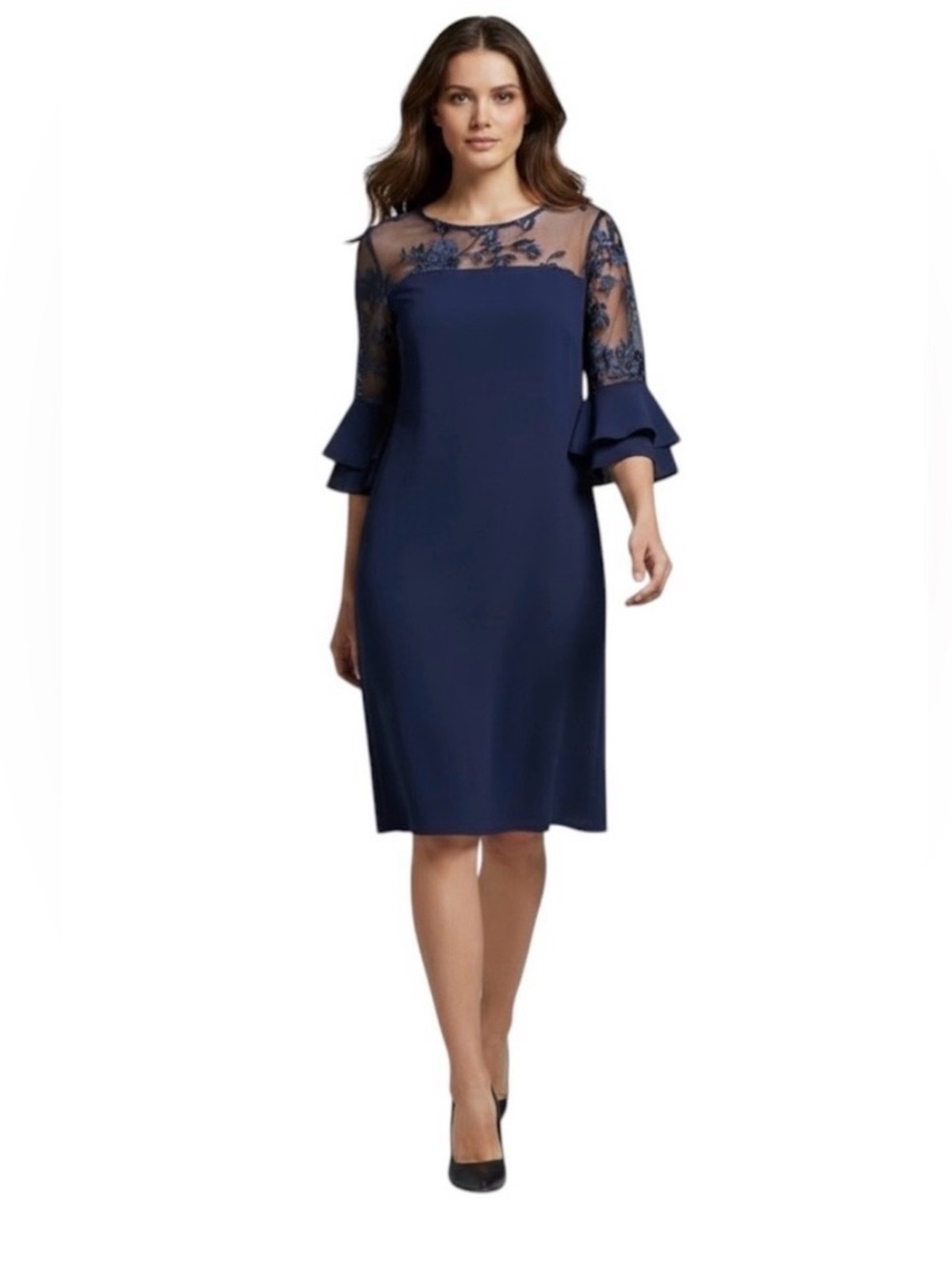 Leslie Fay Mother of the Bride Navy Shift Dress With Lace Yoke & Ruffle Sleeve 8
